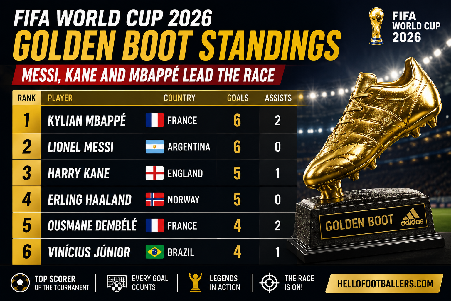 FIFA World Cup 2026 Golden Boot Standings: Messi, Kane and Mbappé Lead the Race