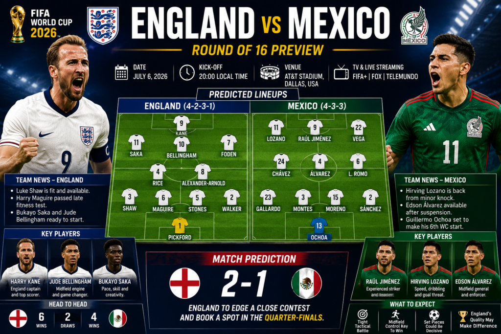 England vs Mexico Preview: Predicted Lineups, Team News, Key Players and Match Prediction