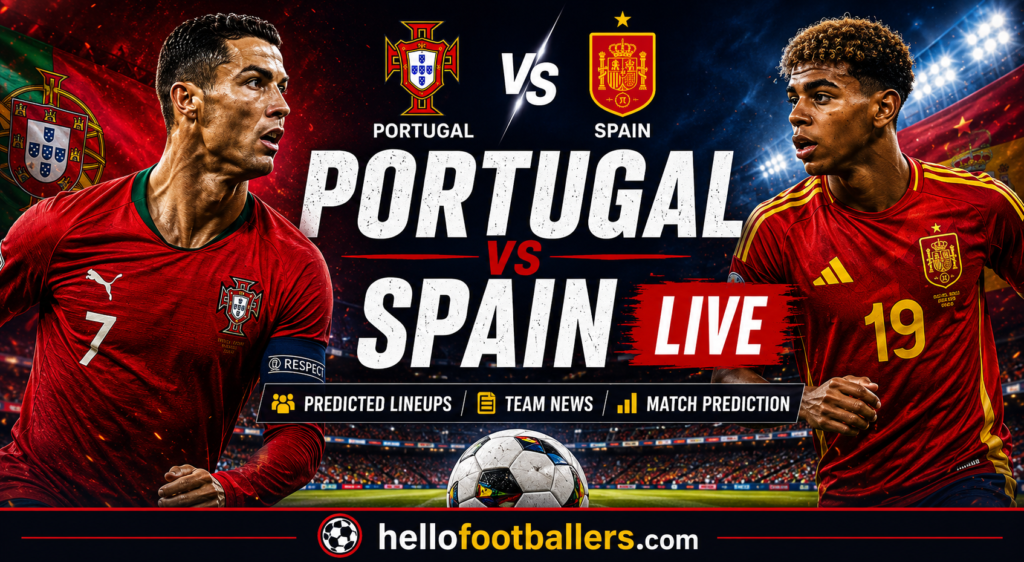 Portugal vs Spain Live: Predicted Lineups, Team News & Match Prediction The FIFA World Cup 2026 Round of 16 brings one of the biggest matches of the tournament as Portugal national football team take on Spain national football team in a high-stakes Iberian derby. A place in the quarter-finals is on the line, where the winner will face either the United States or Belgium. Predicted Portugal Lineup (4-2-3-1) Goalkeeper: Diogo Costa Defenders: João Neves, Rúben Dias, Gonçalo Inácio, Nuno Mendes Midfielders: João Palhinha, Bruno Fernandes Attacking Midfield: Francisco Conceição, Bernardo Silva, Rafael Leão Striker: Cristiano Ronaldo Portugal are expected to rely on Bruno Fernandes' creativity, Rafael Leão's pace, and Cristiano Ronaldo's experience in the final third. Predicted Spain Lineup (4-2-3-1) Goalkeeper: Unai Simón Defenders: Pedro Porro, Robin Le Normand, Pau Cubarsí, Marc Cucurella Midfielders: Martín Zubimendi, Pedri Attacking Midfield: Lamine Yamal, Dani Olmo, Nico Williams (fitness permitting) Striker: Mikel Oyarzabal Spain's attack is expected to revolve around the pace of Lamine Yamal and the creativity of Pedri, while Oyarzabal leads the line. Team News Portugal Roberto Martínez has no major suspension concerns. Cristiano Ronaldo remains the captain and key attacking threat. Bruno Fernandes and Rafael Leão are expected to start after strong recent performances. Spain Spain enter the match in excellent form after defeating Austria 3-0. There are fitness concerns over Nico Williams and a few squad members, but Luis de la Fuente is expected to field a strong starting XI. Key Players to Watch Cristiano Ronaldo (Portugal) Bruno Fernandes (Portugal) Rafael Leão (Portugal) Lamine Yamal (Spain) Pedri (Spain) Mikel Oyarzabal (Spain) Match Prediction This looks like one of the closest matches of the Round of 16. Spain have been more consistent throughout the tournament and boast an energetic midfield, while Portugal possess match-winners capable of deciding the game in a single moment. Prediction: Spain 2-1 Portugal (after a tightly contested 90 minutes, or possibly extra time). You can also ask me to show the live score, player ratings, goal updates, or make a World Cup prediction bracket.