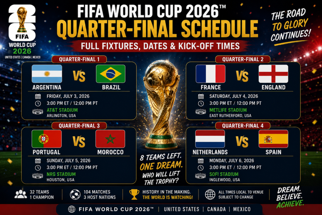 FIFA World Cup 2026 Quarter-Final Schedule: Full Fixtures, Dates & Kick-Off Times